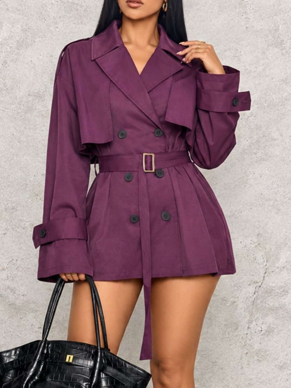 Purple Elegant Women's Waist Tie Lapel Long Sleeve Trench Coat